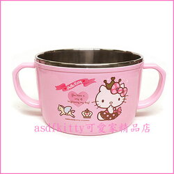 asdfkitty可愛家☆KITTY皇冠防燙304不鏽鋼有把手鋼碗XL號/大湯杯/湯碗-韓國正版商品