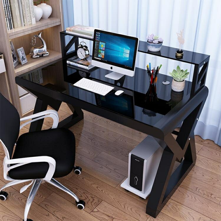 電腦台式桌鋼化玻璃書桌書架組合簡約家用辦公桌子臥室學生寫字桌 夏沐生活