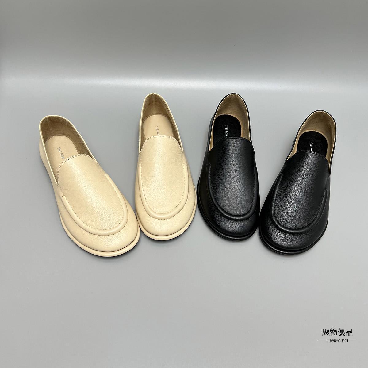 The Row 真皮女鞋法式穆勒舒適圓頭白色平底樂福鞋女性鞋子【聚物優品】