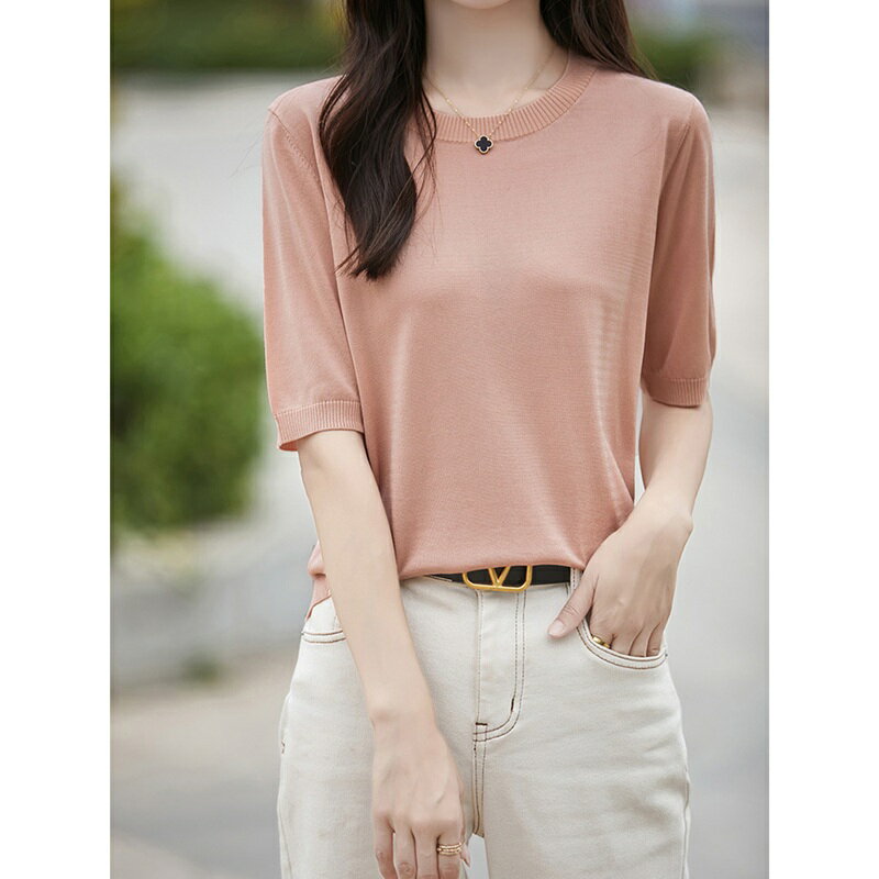 現貨+預購 針織衫短袖毛衣-天絲T恤百搭簡約女上衣5色74lc36【獨家進口】【米蘭精品】