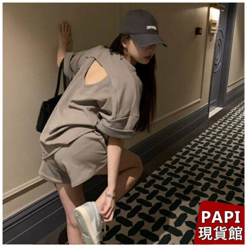 背後挖洞T短褲套裝【9625】價春夏新款韓系INS修身顯瘦氣質圓領露背短袖上衣 高腰短褲 兩件式套裝女