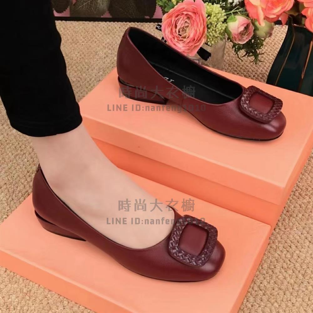 粗跟單鞋女方頭淺口一腳蹬軟底軟面舒適豆豆鞋【時尚大衣櫥】