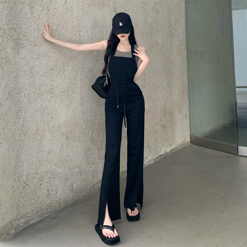 時尚網紅吊帶直筒背帶褲女夏季新款韓版高腰開叉掛脖闊腿褲