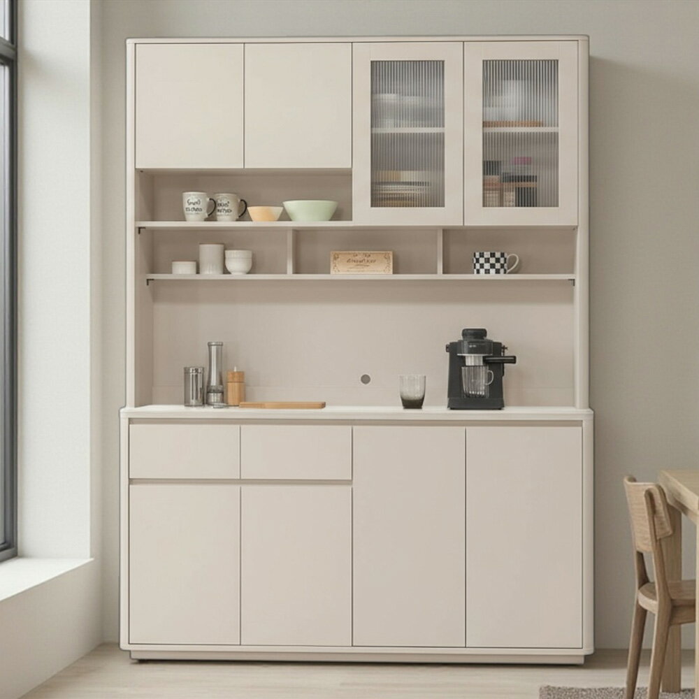 【直人木業】UL莫蘭迪奶油風亮面陶板上下櫥櫃組152公分 3