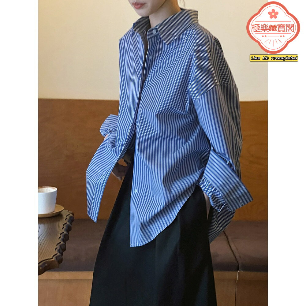 【法式復古】條紋襯衫 襯衫女 長袖襯衫 設計感襯衫 寬鬆襯衫 小眾上衣 豎條紋元素 寬鬆廓形 秋季新款 通勤休閒穿搭
