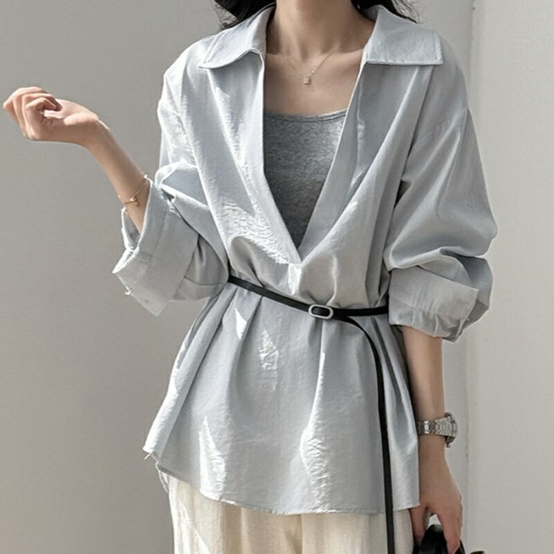 【米蘭精品】現貨+預購 法式寬鬆襯衫上衣長袖罩衫T恤大碼休閒女裝-吊帶背心女上衣2色74ma77