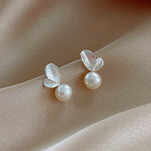 925純銀珍珠樹葉耳釘女秋冬年新款潮特別設計感耳環個性耳飾