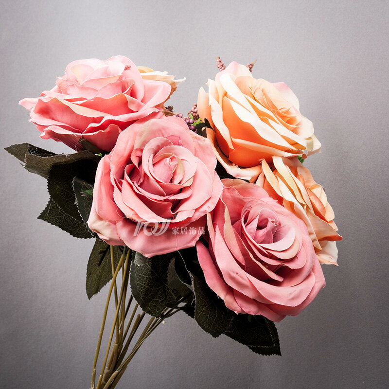 TQJ歐式仿真花客廳臥室餐廳擺設裝飾花假花絹花5頭法式玫瑰