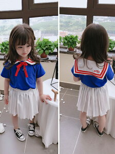 兒童套裝夏季新款 女童可愛海軍風翻領T恤+純色半身裙兩件套1入