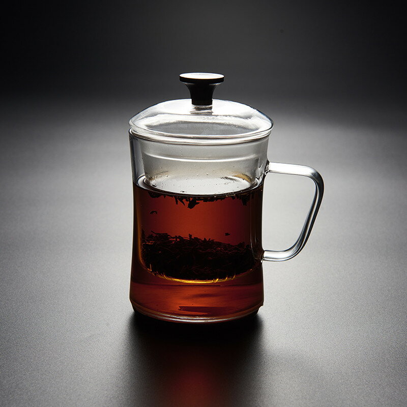 圣裔堂木底玻璃辦公杯加厚耐熱家用帶蓋木璃綠茶杯紅茶茶水分離杯