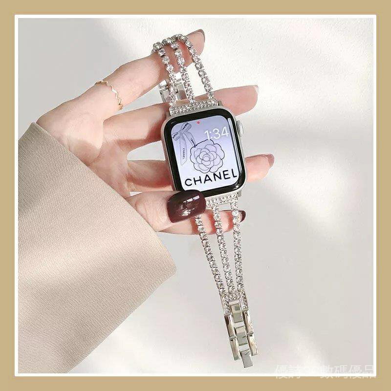 適用蘋果手錶iwatch 8代不銹鋼奢華錶帶apple watch 87654代SE 不銹鋼金屬鑲鑽女生時尚個性潮流錶帶