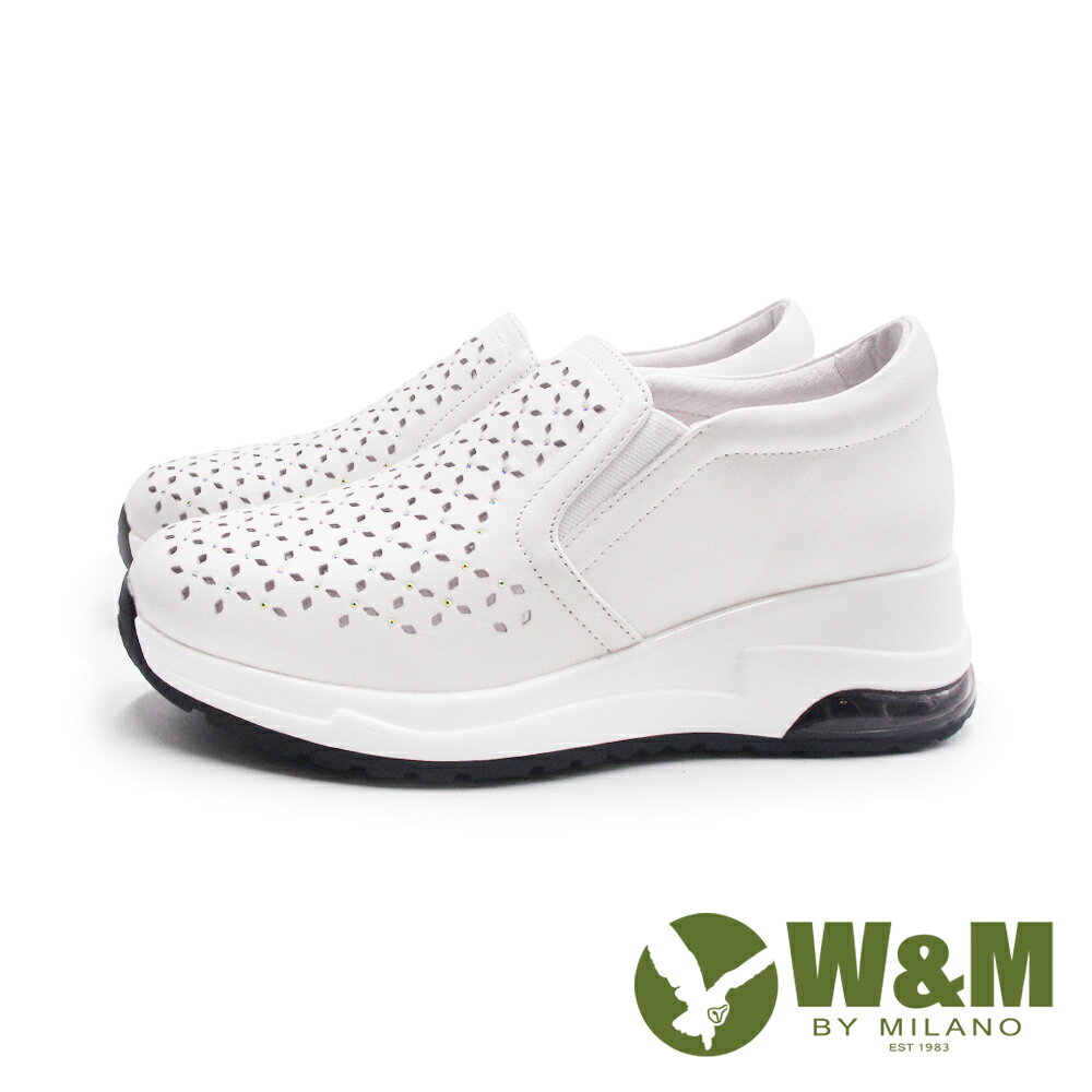 W&M(女)刻紋輕量減壓緩震楔型增高休閒鞋 女鞋-白色