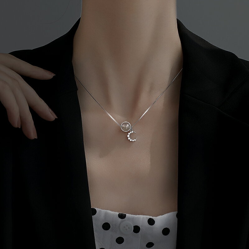 925純銀海藍星星月亮項鏈秋冬女年新款潮ins小眾設計感鎖骨鏈