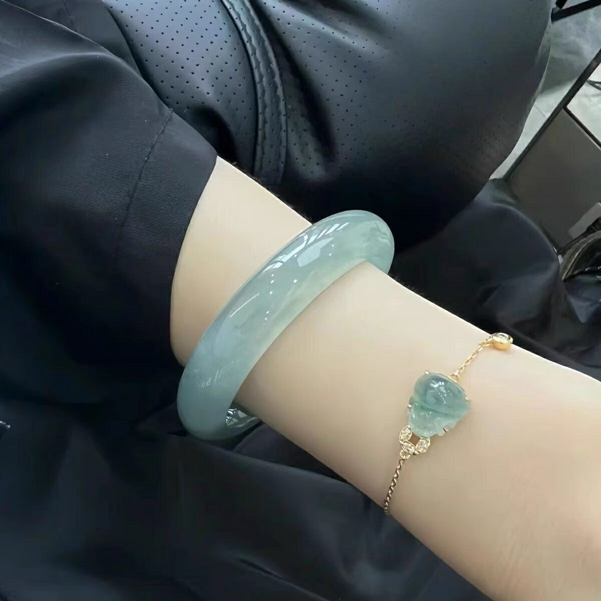【現貨】老坑翡翠手鐲緬甸油青飄花玉手鐲女貴妃鐲冰種淺綠處理玉鐲子女款【北歐家居生活】