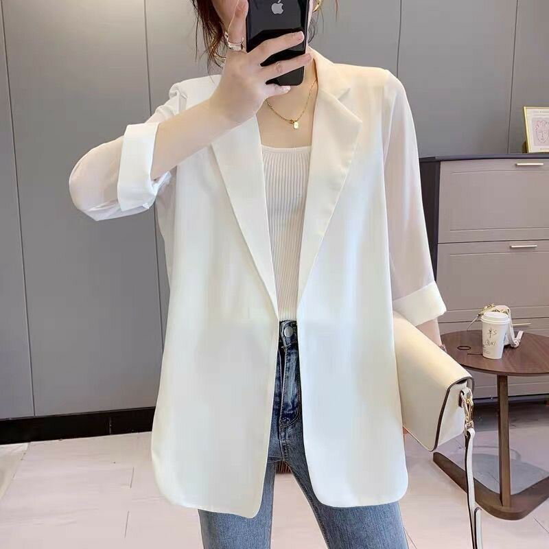 雪紡小西裝女夏季中長款寬松chic白色西服大碼防曬衣薄外套空調衫