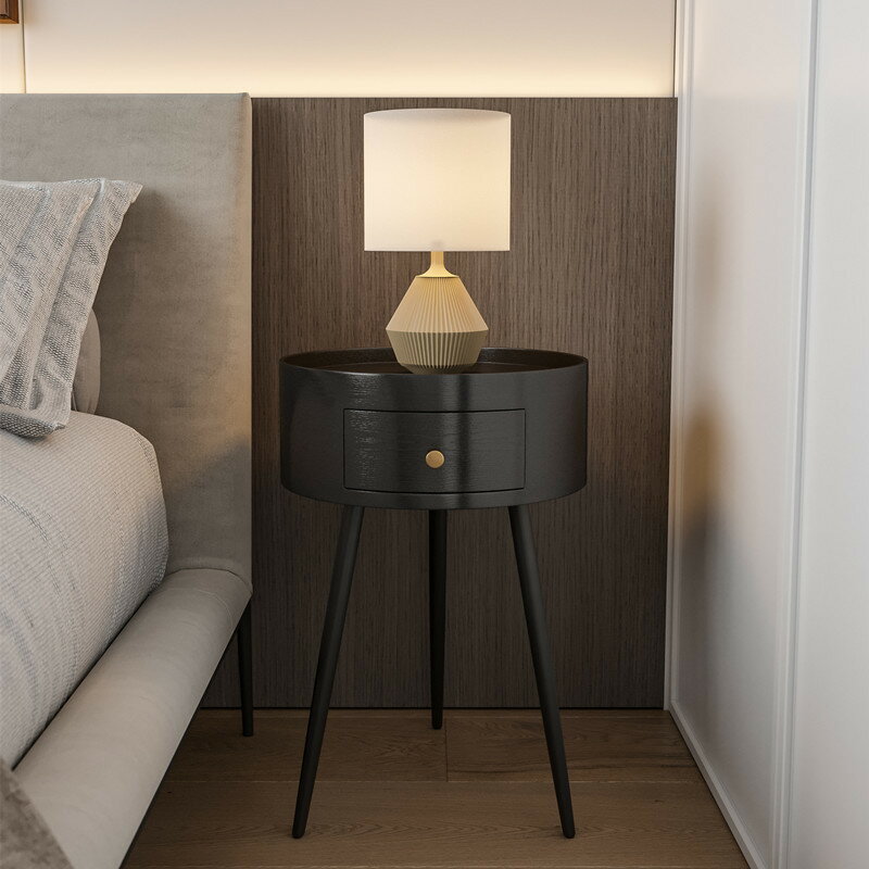 床頭櫃 特價床頭櫃圓形超窄小型北歐簡約現代免安裝黑色胡桃色臥室床邊桌