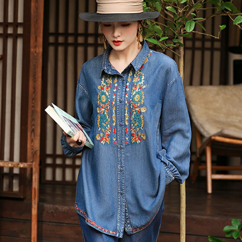 現貨+預購 新中式牛仔襯衫長袖上衣經典牛仔外套(復古刺繡天絲牛仔女裝74ku7)【獨家進口】【米蘭精品】