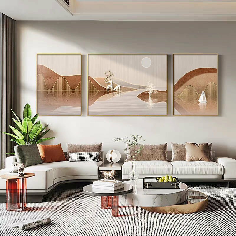 輕奢沙發背景墻掛畫抽象線條山水麋鹿畫三聯畫現代簡約客廳裝飾畫