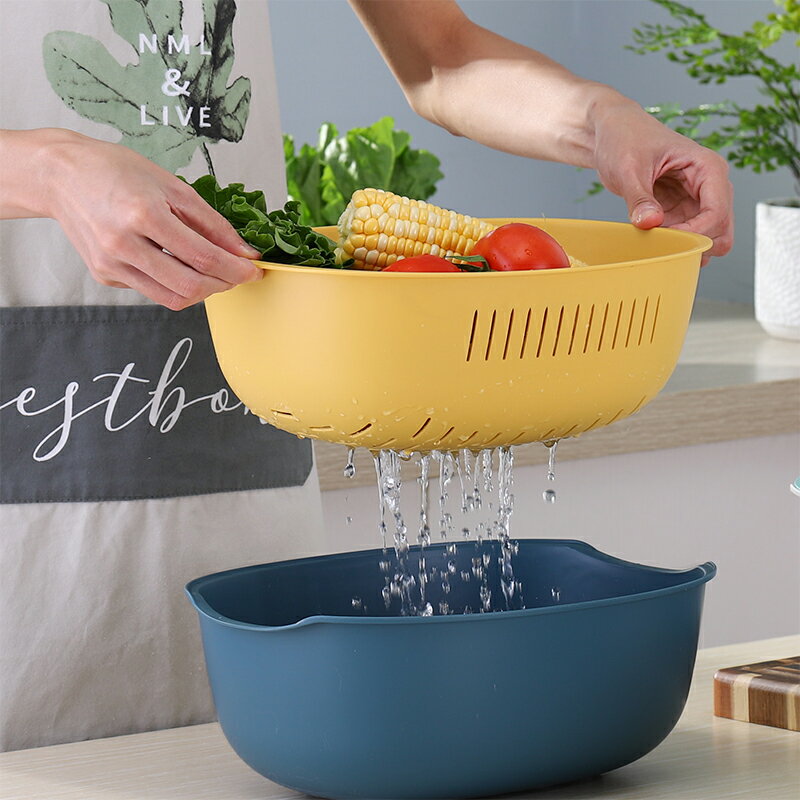 家用瀝水籃果蔬洗菜盆雙層廚房用品水果籃濾水籃洗菜籃多功能創意