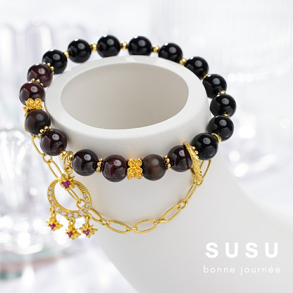 SU SU︱墨舞水晶手鍊❤️石榴石 黑曜石 事業運 招財 轉運 能量 防小人 送禮 推薦 韓系 1
