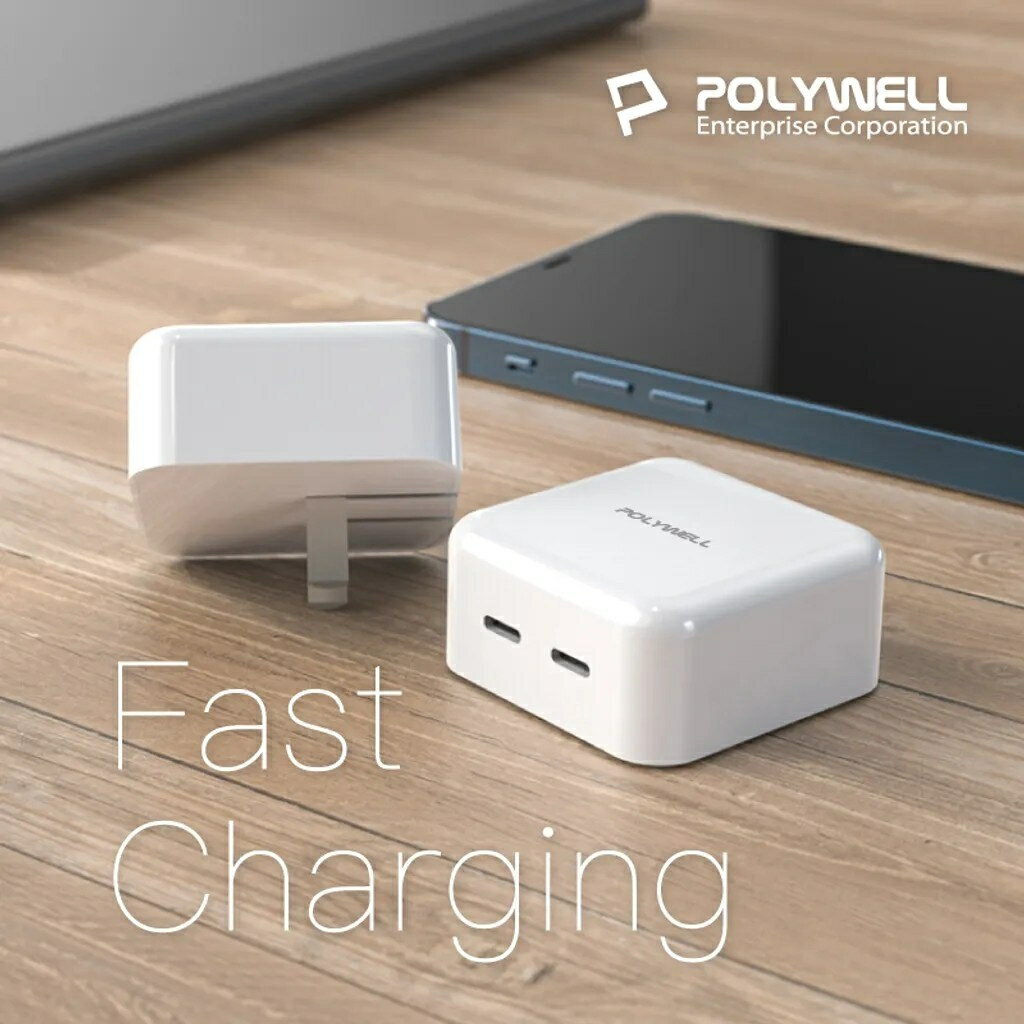 *大象生活館*【POLYWELL】 PD雙孔USB-C快充頭 35W Type-C充電器 GaN氮化鎵 BSMI認證