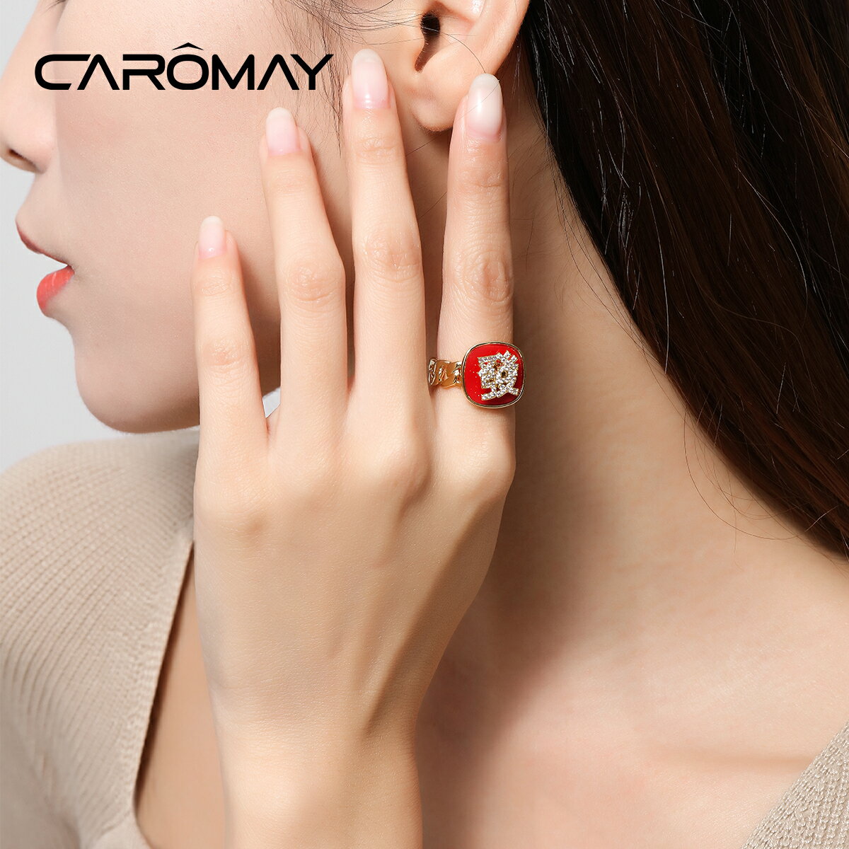 CAROMAY國潮發財戒指女中國風小眾設計高階喜慶食指指環新年禮物