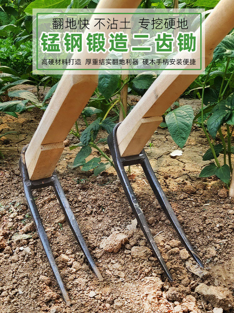 翻土神器 翻土叉 鬆土器 農用二齒鋤頭挖地翻地鬆土神器老式挖筍農用工具兩齒耙子家用種菜