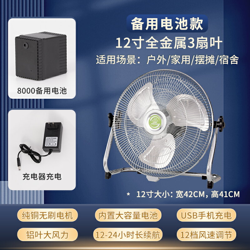 {可打統編 保固一年}可充電電風扇靜音戶外家用大風力12v便捷式擺攤太陽能無線趴地扇 0