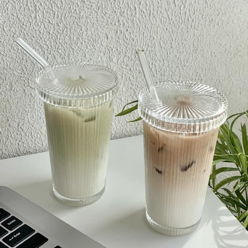 豎紋咖啡杯帶蓋吸管玻璃杯家用女高顏值奶茶拿鐵杯喝水杯子【繁星小鎮】