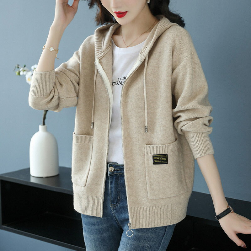 外套 女裝 休閒外套 時尚外套 保暖外套  連帽毛衣外套女寬鬆拉鍊針織開衫2025秋季女裝帶帽衛衣春秋外搭潮 0