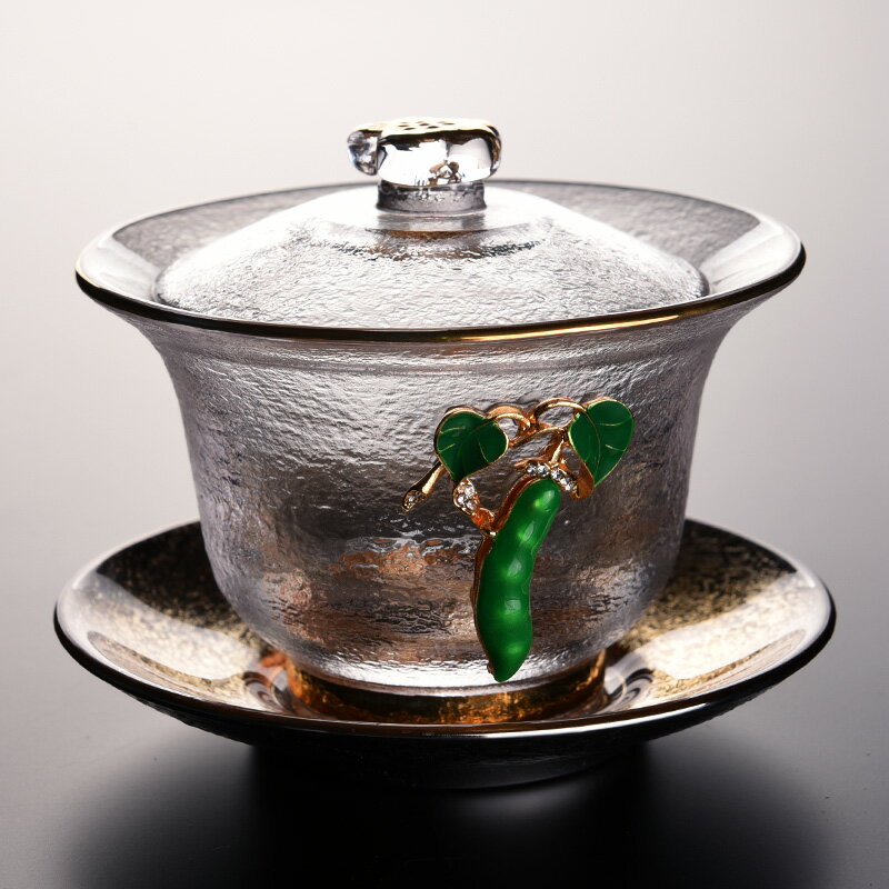 玻璃蓋碗銀飾加厚耐高溫透明茶碗大號分茶三才碗日式泡茶杯家用