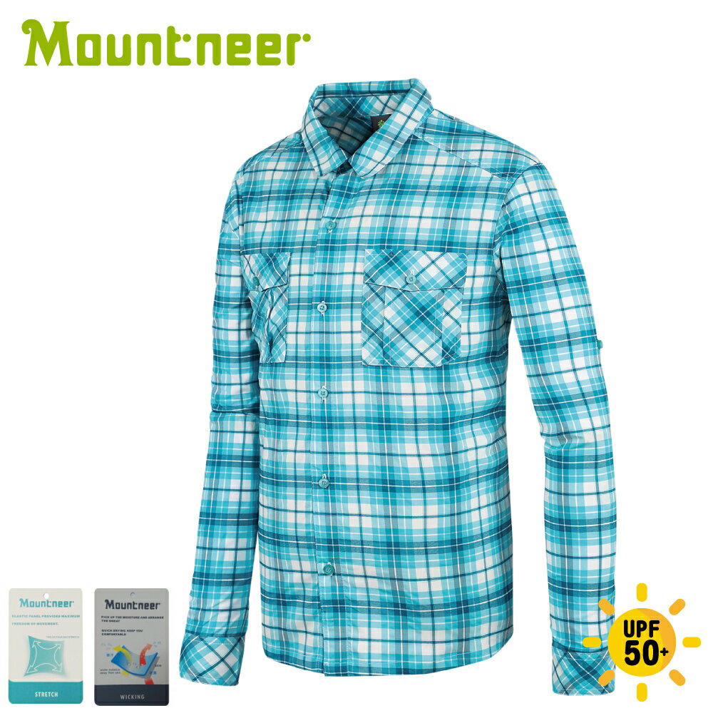 【Mountneer 山林 男 彈性抗UV格子長袖襯衫《海洋綠》】31B05/薄長袖/防曬襯衫