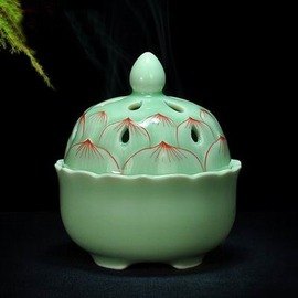 【陶瓷盤香爐-青瓷荷華-直徑10.5*高9.5cm-1個/組】手繪青瓷盤香爐 佛具手工仿古沉香檀香塔陶瓷香爐-7501015