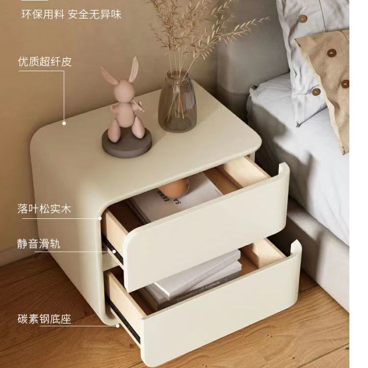 床頭櫃 簡約現代奶油白超纖皮床頭櫃落地臥室小型意式輕奢藝術實木床邊櫃-快速出貨