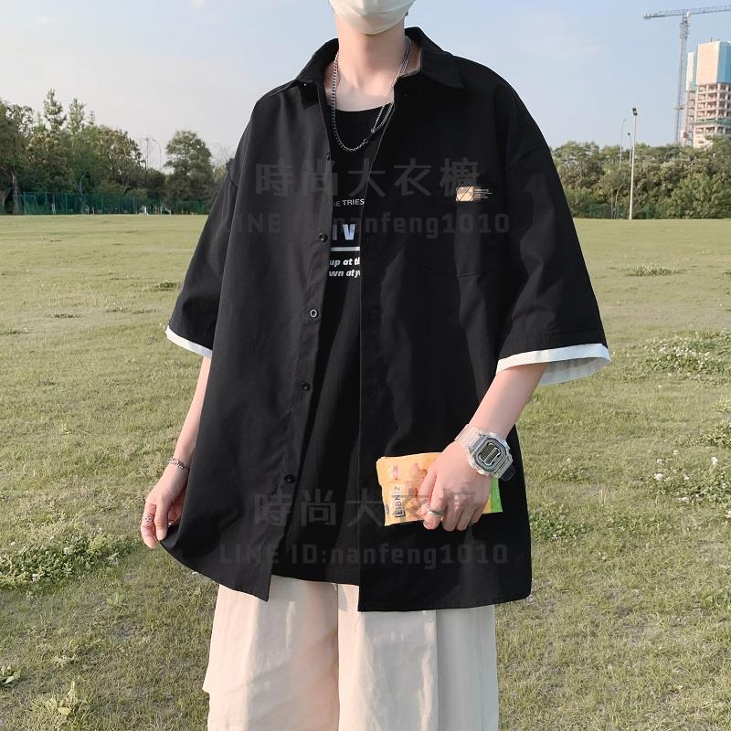 冰絲短袖襯衫男寬松假兩件上衣夏季薄款襯衣外套潮流痞帥【時尚大衣櫥】
