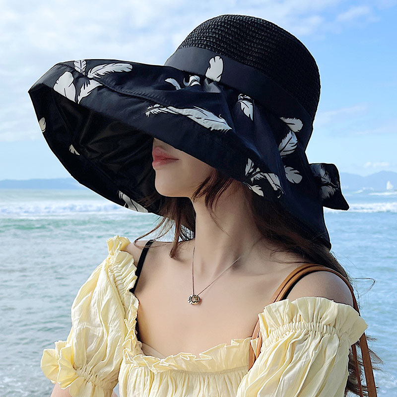 防曬漁夫帽女夏羽毛印花鏤空編織拼接遮陽帽防紫外線超大沿太陽帽