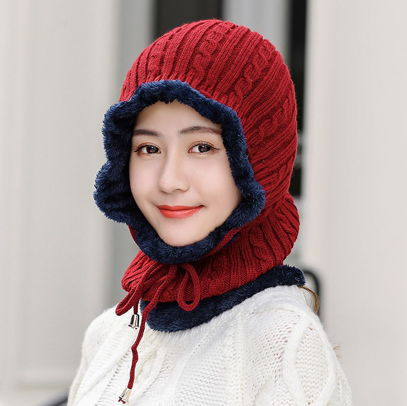 戶外防寒冬帽保暖套頭帽女士騎車防風帽冬季毛線帽護脖頸連體帽子