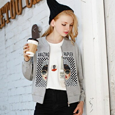 現貨+預購 棒球外套 短款夾克-人物印花寬鬆拉鏈女外套3色72aq9【獨家進口】【米蘭精品】