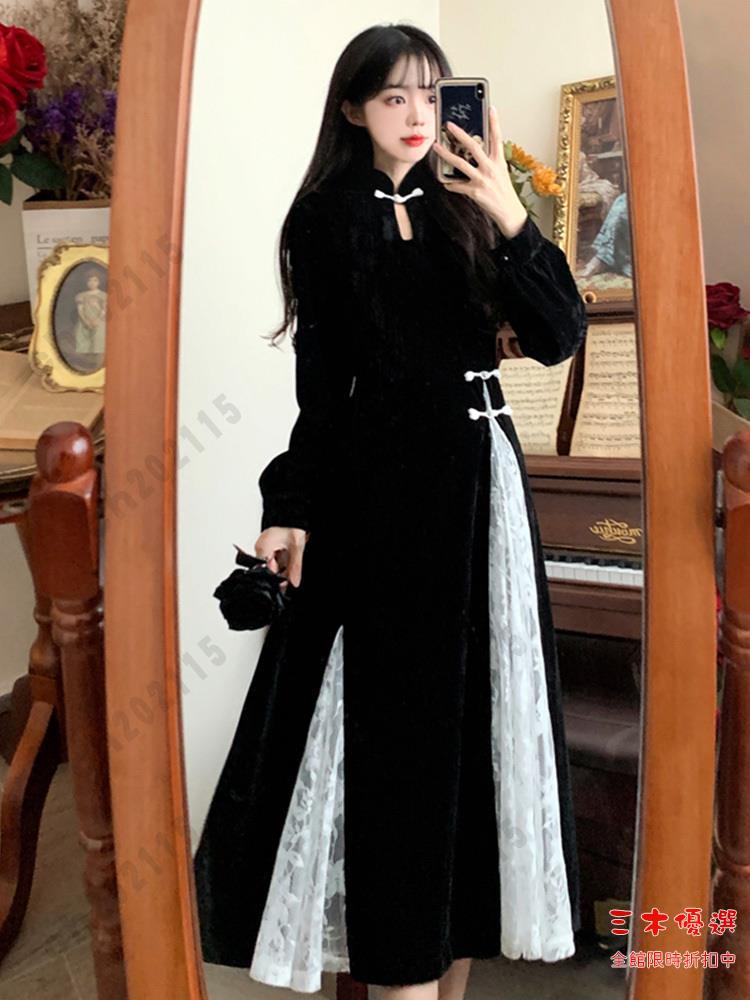 尾牙禮服 洋裝 大碼女裝2024春秋新款胖mm遮肚顯瘦收腰長袖金絲絨改良旗袍連衣裙交換禮物 三木優選