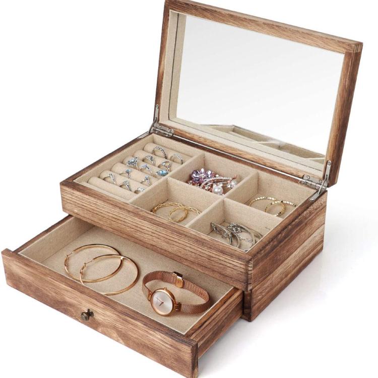 首飾收納盒實木珠寶盒雙層女士珠寶盒，帶鏡子和戒指托盤的木制展示盒復古風 全館免運