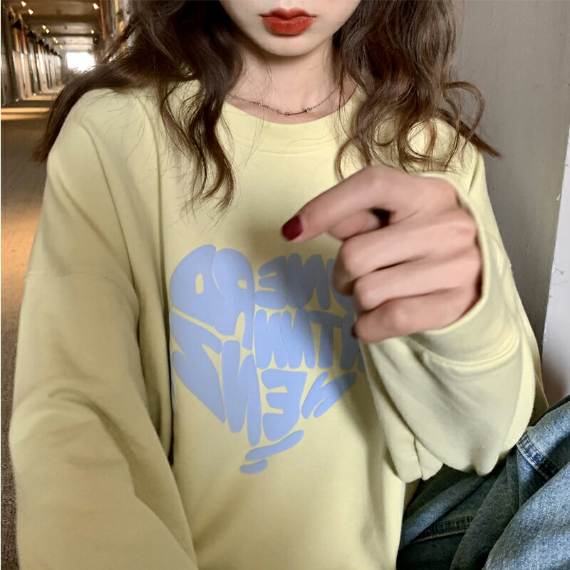 衛衣女春秋薄款ins設計感oversize寬松印花愛心字母上衣外套