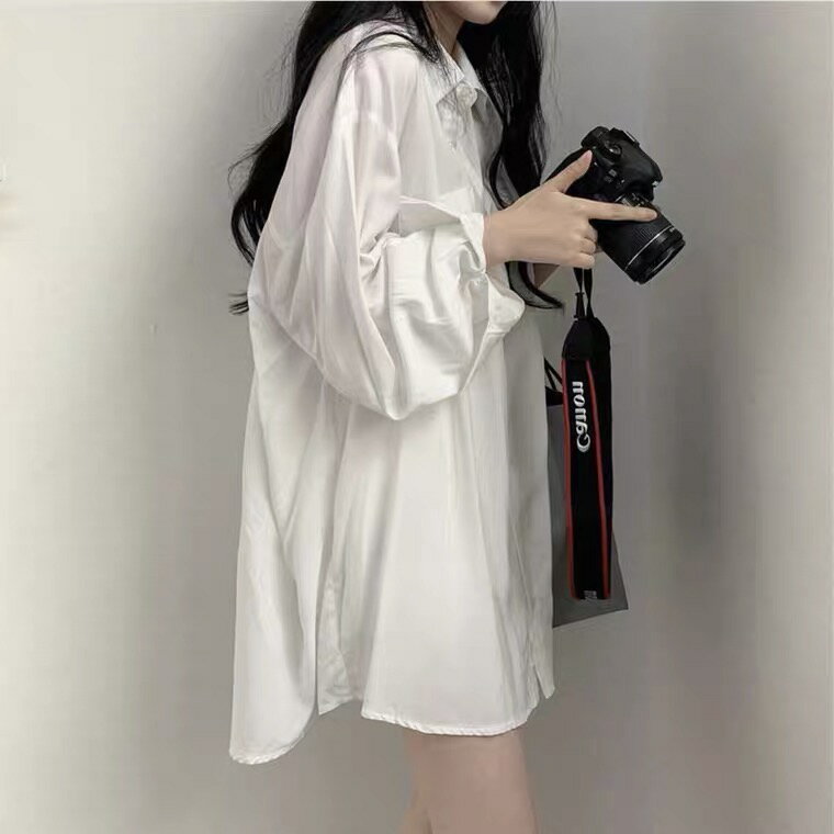 中長款bf男友風寬松白色襯衫港風復古設計感防曬襯衣薄外套女春夏