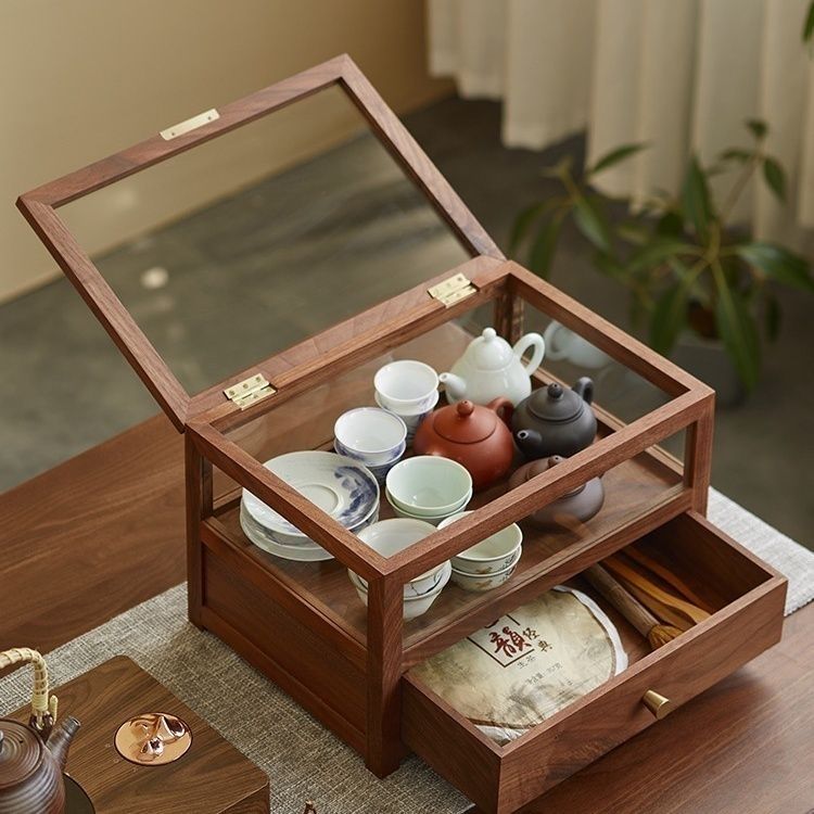 中式茶具 黑胡桃木茶具展示盒防塵茶杯五面透明玻璃收納茶室桌面實木陳列柜