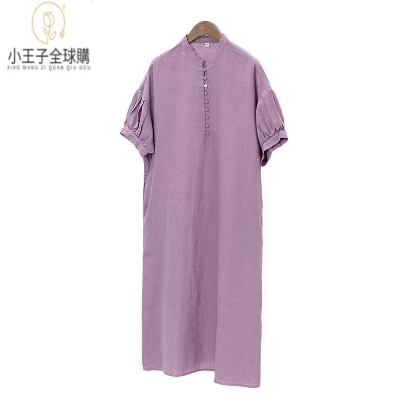 【公司現貨速發】免運 開發票 小王子女裝年亞麻中長款裙夏款新中式高階感時尚氣質立領盤扣亞麻裙子女裝上衣 流行女裝 棉麻 早秋 日韓女裝