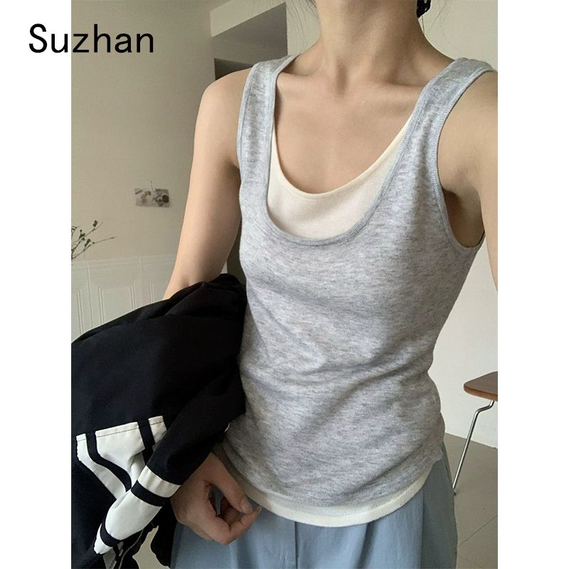 韓版假兩件背心女夏季新款百搭圓領洋氣顯瘦純欲風吊帶上衣潮ins—貼心服飾