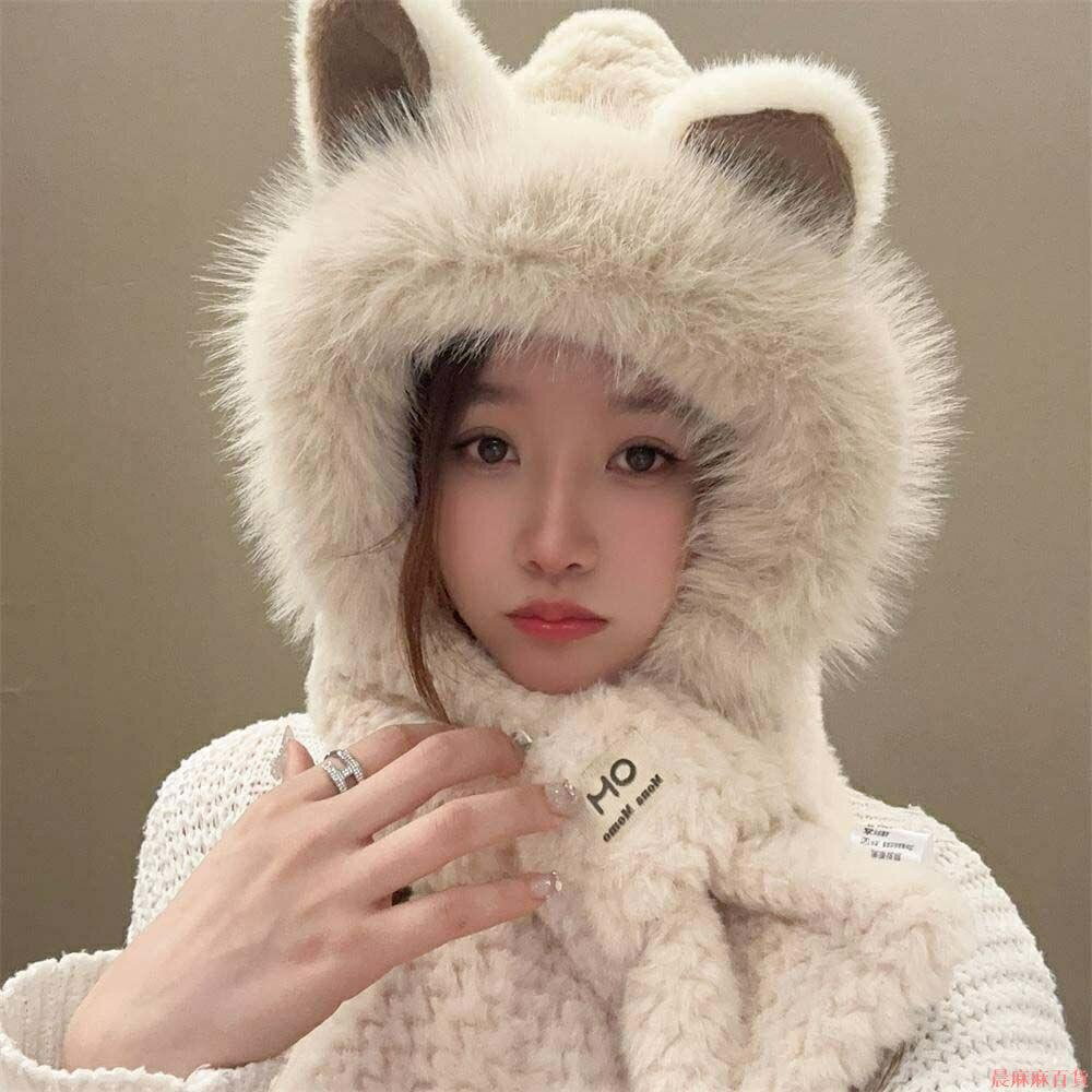 狐L帽子圍巾一體女秋冬天騎行防寒保暖護耳可愛毛絨百搭秋冬季帽 圍脖 圍巾 口罩 保暖帽 毛帽 針織帽 秋冬帽
