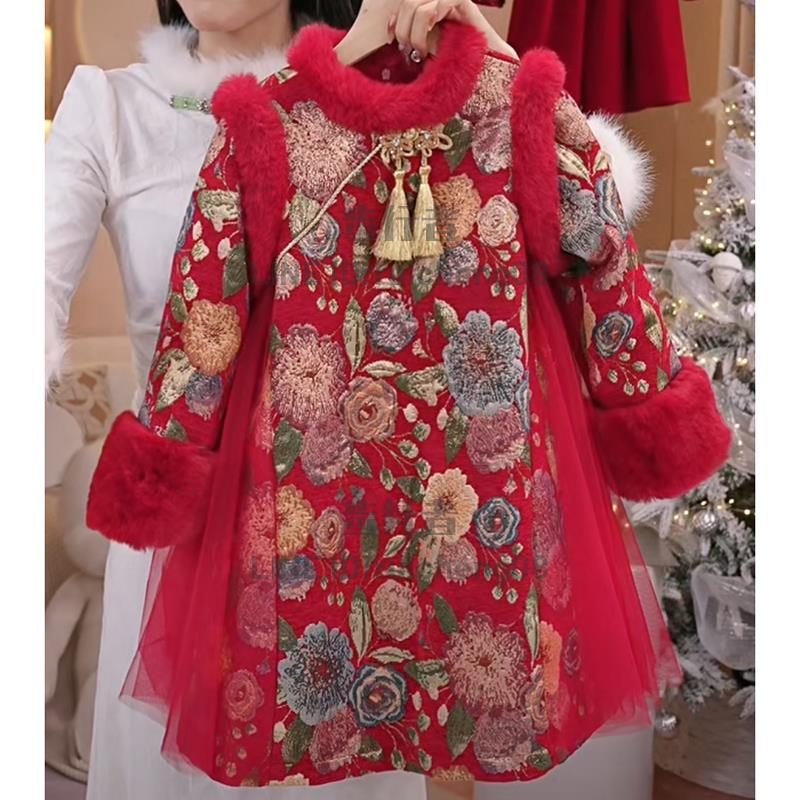 女童拜年服公主裙冬款中大童加絨漢服旗袍連衣裙兒童過年喜慶衣服【步行者戶外生活館】