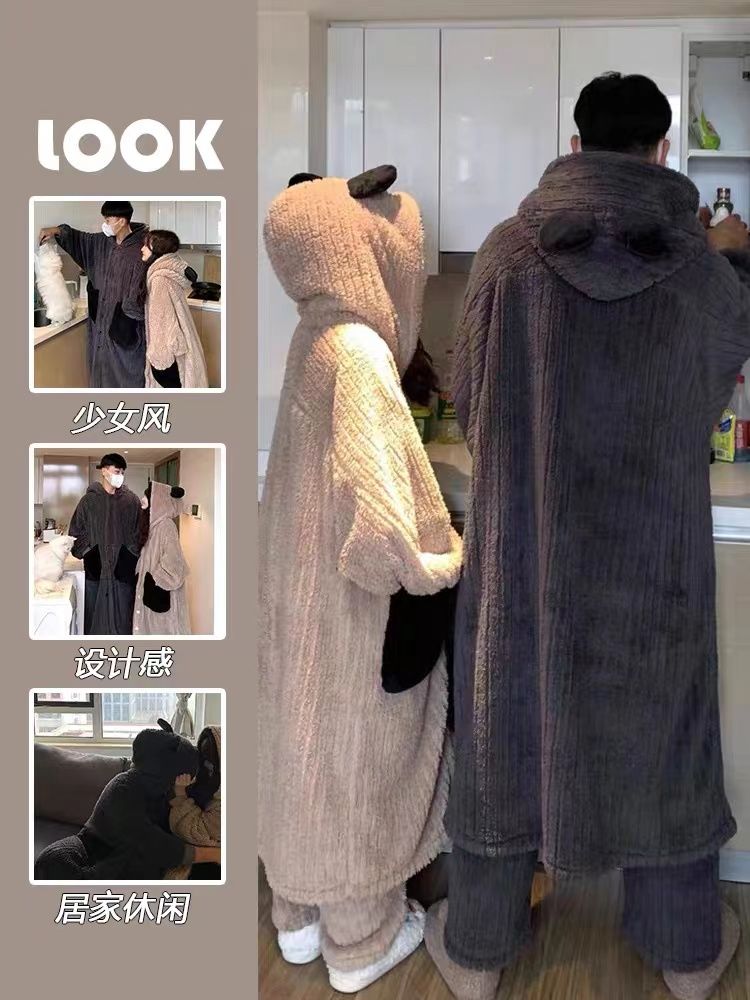 情侶睡衣女秋冬季珊瑚絨睡袍加長款男士冬天法蘭絨保暖家居服套裝