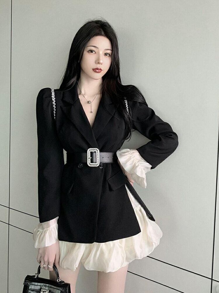 法式赫本風黑色西裝連衣裙女秋冬季高級感氣質名媛高端女神范套裝