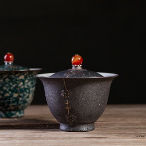 中式手繪描金蓋碗家用復古風茶杯單個三才茶碗窯變粗陶大號手抓壺